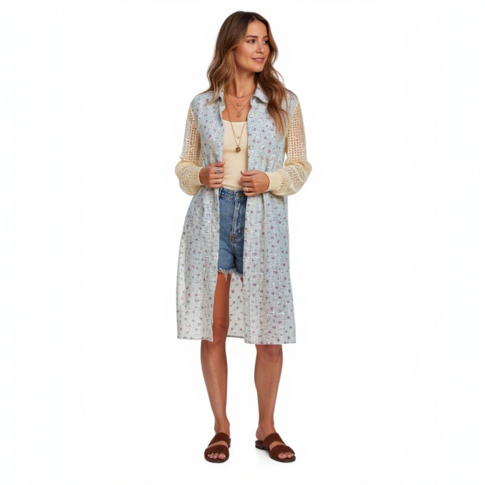 Pol longline printed‎ lace crochet sleeve jacket zips up back buttons front NWOT